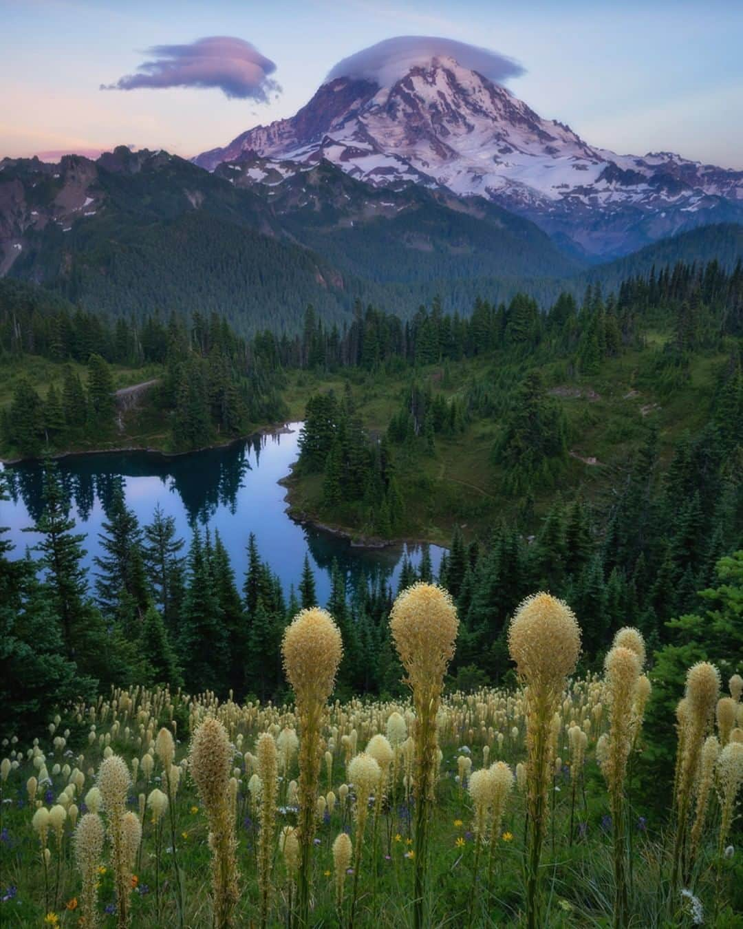 アメリカ内務省さんのインスタグラム写真 - (アメリカ内務省Instagram)「The trail crests a hill and the view takes your breath away. Is this real? How can such a place exist in our world without magic? A field of blooming white bear grass sloping down to a sparkling blue alpine lake. Majestic evergreen trees spread over rolling hills. And dominating the horizon, wispy clouds dance around an ice-capped mountain glowing in purple light. No, it’s not a dream. It’s summer at #MountRainier #NationalPark in #Washington. Photo @mountrainiernps courtesy of Erwin Buske (@erwinbuskephotography). #travel #FindYourPark #usinterior」7月4日 9時10分 - usinterior