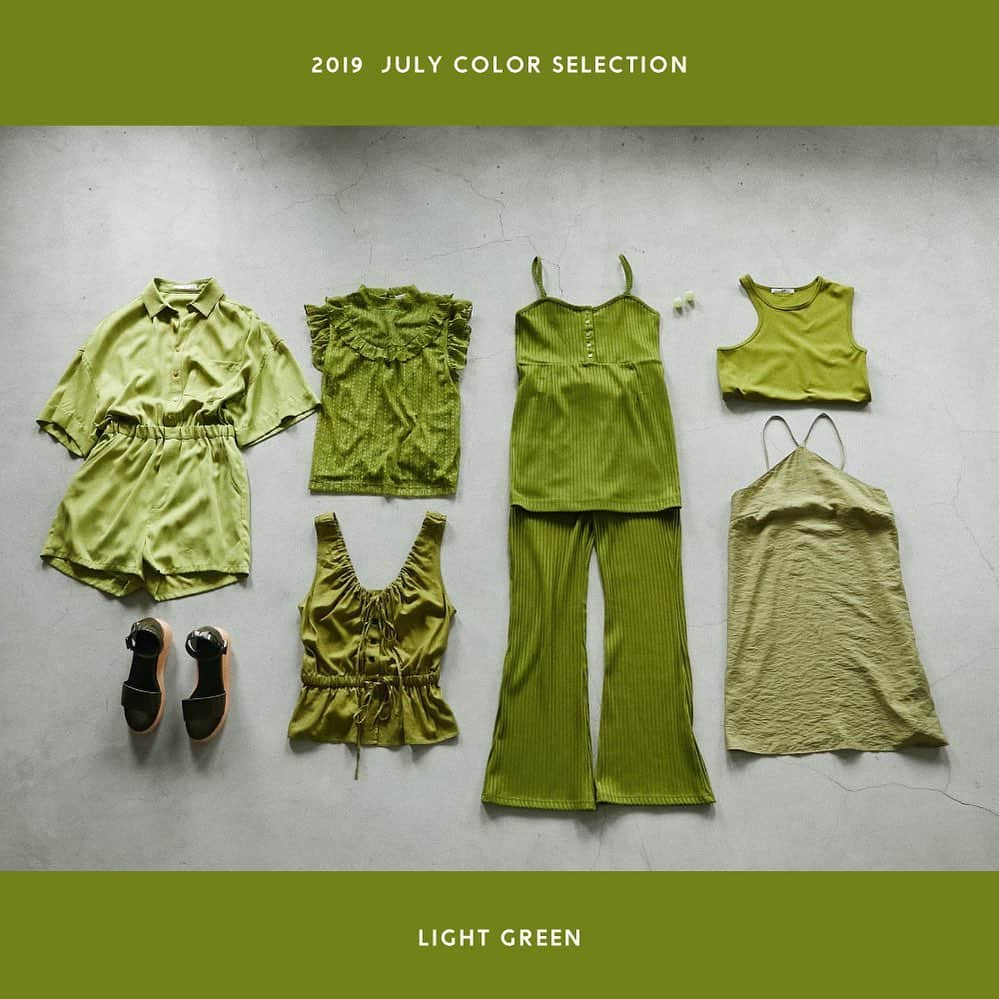 スライさんのインスタグラム写真 - (スライInstagram)「COLOR SELECTION 《LIGHT GREEN》 ——————————————————— ☑︎SHINY CROSS CAMI (030CAY30-0850) ☑︎FRONT BUTTON C/A TOPS (030CAM80-2130) ☑︎CUT HW RIB PT (030CAM81-2140) ☑︎SHIRRING RIBBON GAZE TOPS (030CAY30-0810) ☑︎FLARE SLEEVE SHORT ROMPERS (030CAZ33-1000) ☑︎WOOD WEDGE SANDAL (030CAY55-1080) ☑︎ASYMMETRY SLEEVE TANK (030CAZ80-1330) ☑︎LACE FRILL N/S TOPS (030CAY80-1890) ☑︎MARBLE BALL EARRING (030CAY56-0660) ——————————————————— #SLY #SLY_fav」7月4日 17時05分 - sly_official