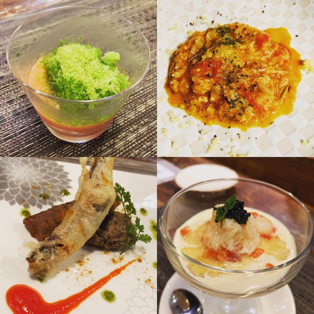 のインスタグラム：「#Piccola Suzuki #8品と刺身で3800円コース(税抜) #ガスパチョ〜青のシャーベットと共に〜 #魚介ラグーのリゾット #マリネしたシシャモのベニエ #ズワイガニとスモークサーモンのロワイヤル」