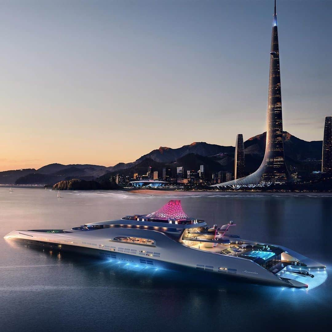 メルセデス・ベンツさんのインスタグラム写真 - (メルセデス・ベンツInstagram)「This is the Mercedes-Benz Future World Oasis Yacht, designed for our book “Sensual Purity”. It has some special features such as a heliport at the bow with lift and internal hangar, the lowerable beach-club platform with a sea water pool or the integrated marina for up to six tenders. It is 1,000 feet long! For more spectacular design content follow our CDO @Gorden.Wagener! #mercedesbenz #benz #luxury #experience #mbhotandcool #design #mbdesign #yacht #futureworld #beachclub」7月4日 18時30分 - mercedesbenz