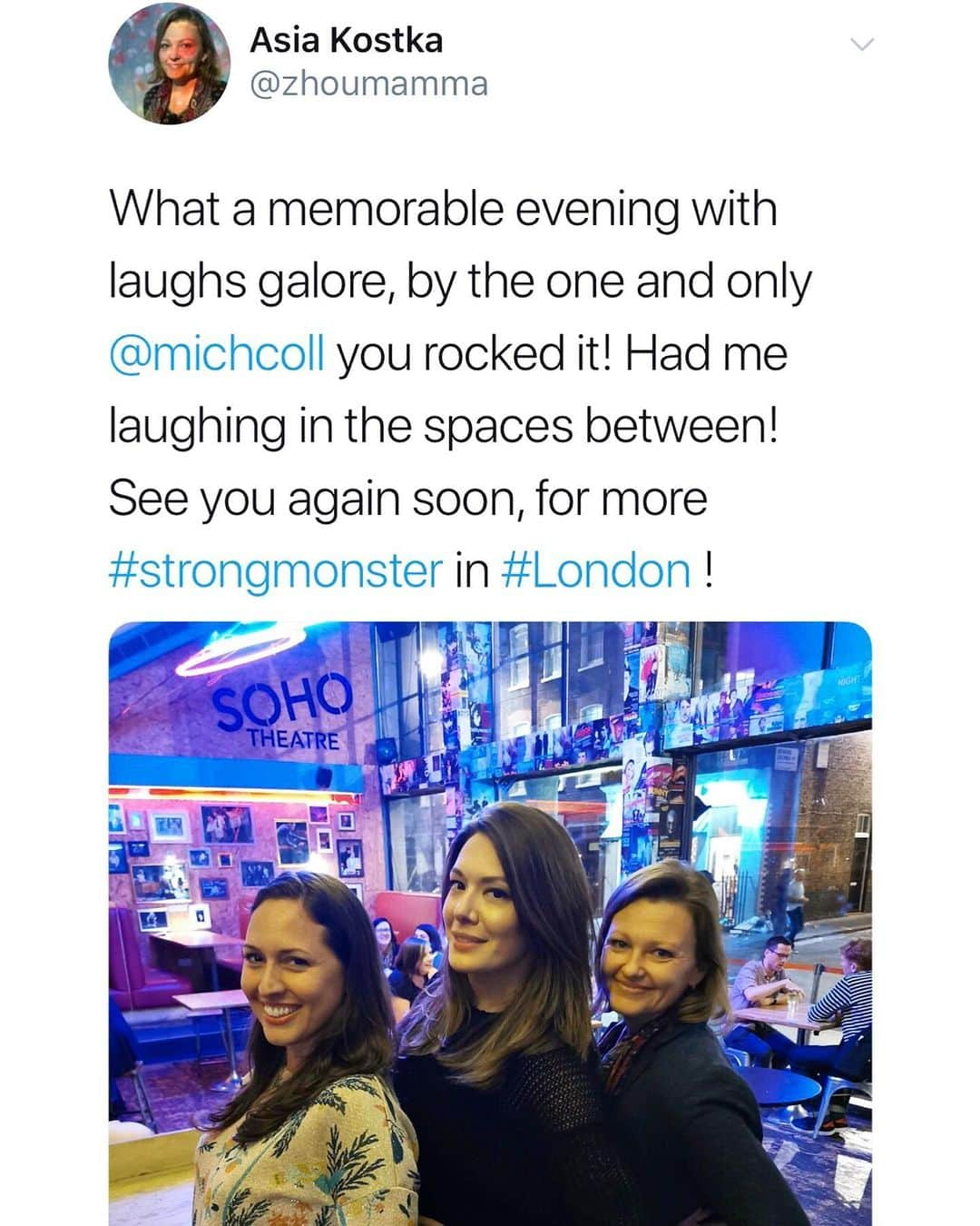 ミッチェル・コリンズさんのインスタグラム写真 - (ミッチェル・コリンズInstagram)「Thanks to everyone who came to the first performance of #strongmonster at the @sohotheatre last night! Have you ever seen more satisfied audience members in your life?? Hiiiighly doubtful!! Please tell everyone you know in London to get their tickets, 3 performances left... they can see me tonight, me and Celine tomorrow, me on Saturday, and Barbra Sunday. An ideal weekend and extremely cheap!! (My tix) Go to Sohotheatre.com — there isn’t a bad seat in the house. Go do it and share please! Yesterday was a fever dream and it’ll only get better. Xoxo Michelle 💪🏻🦖🇬🇧」7月4日 19時17分 - michcoll