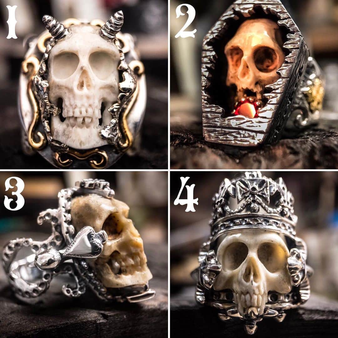 クレイジーピッグさんのインスタグラム写真 - (クレイジーピッグInstagram)「VOTE! Which one?  A small selection of One-Off real Bone Skulls are made each year, every one is entirely individual and never repeated. Made from real bone, silver, gold and gemstones 💀 #Skulls #skullsforever #skulllife #bones #humanskull #brokenskull #brokenbones #rocknrollring #skullsketch #skulltattoo #skullfashion #gothic #gothicfashion #skulljewellery #silver #bones #rings #eyes #gold #realbone #bonejewellery #oneoff #exclusive」7月4日 21時41分 - crazypigdesignslondon