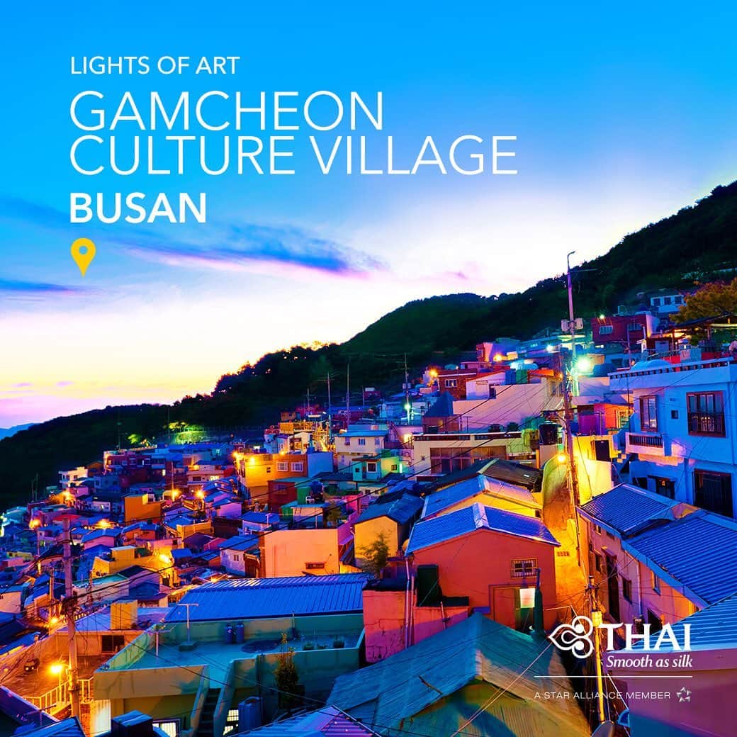 タイ航空さんのインスタグラム写真 - (タイ航空Instagram)「Browse local art, murals, shops and cafes in the pastel patchwork Gamcheon Culture Village nestled in the foothills of a coastal mountain. Stay until nightfall and see the village transform. . Fly directly and smoothly to vibrant Busan with THAI. . #ThaiAirways #FlySmoother #Busan」7月4日 21時56分 - thaiairways