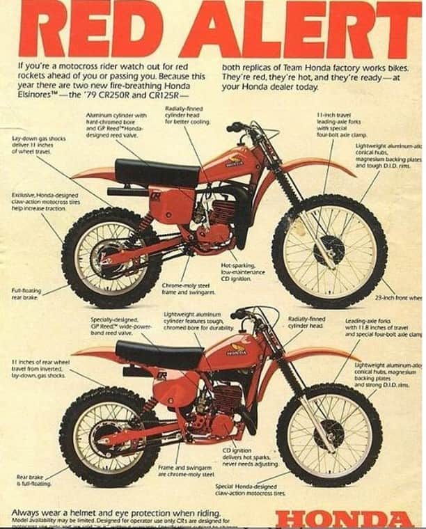 Honda Powersports USさんのインスタグラム写真 - (Honda Powersports USInstagram)「#TBT Back in 1979, Honda reworked its legendary Elsinore motocross models—the CR250R and CR125R—inspired by Team Honda’s factory works bikes. The production versions featured aluminum cylinders, full-floating rear brakes, laydown gas shocks and aluminum rims, and were celebrated in this classic "Red Alert" ad. Attending @ama_riding #VintageMotorcycleDays tomorrow? Be sure to check out the seminar “Honda: 60 Years in America,” with Honda brand champion @kokoro_honda」7月5日 11時56分 - honda_powersports_us