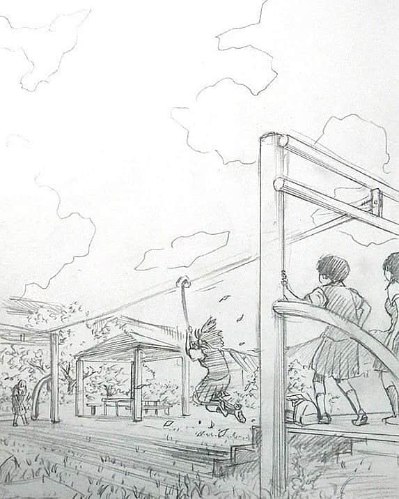 若狭たけしさんのインスタグラム写真 - (若狭たけしInstagram)「前田ほまれ公園。鉄北小学校の近くにある公園。ターザンロープやトランポリンがあって人気でした。今もトランポリンとかあるのかな。　#手稲 #手稲絵 #札幌 #風景画 #鉛筆画 #イラスト #illustration #前田ほまれ公園」7月5日 14時06分 - takeshi_wakasa