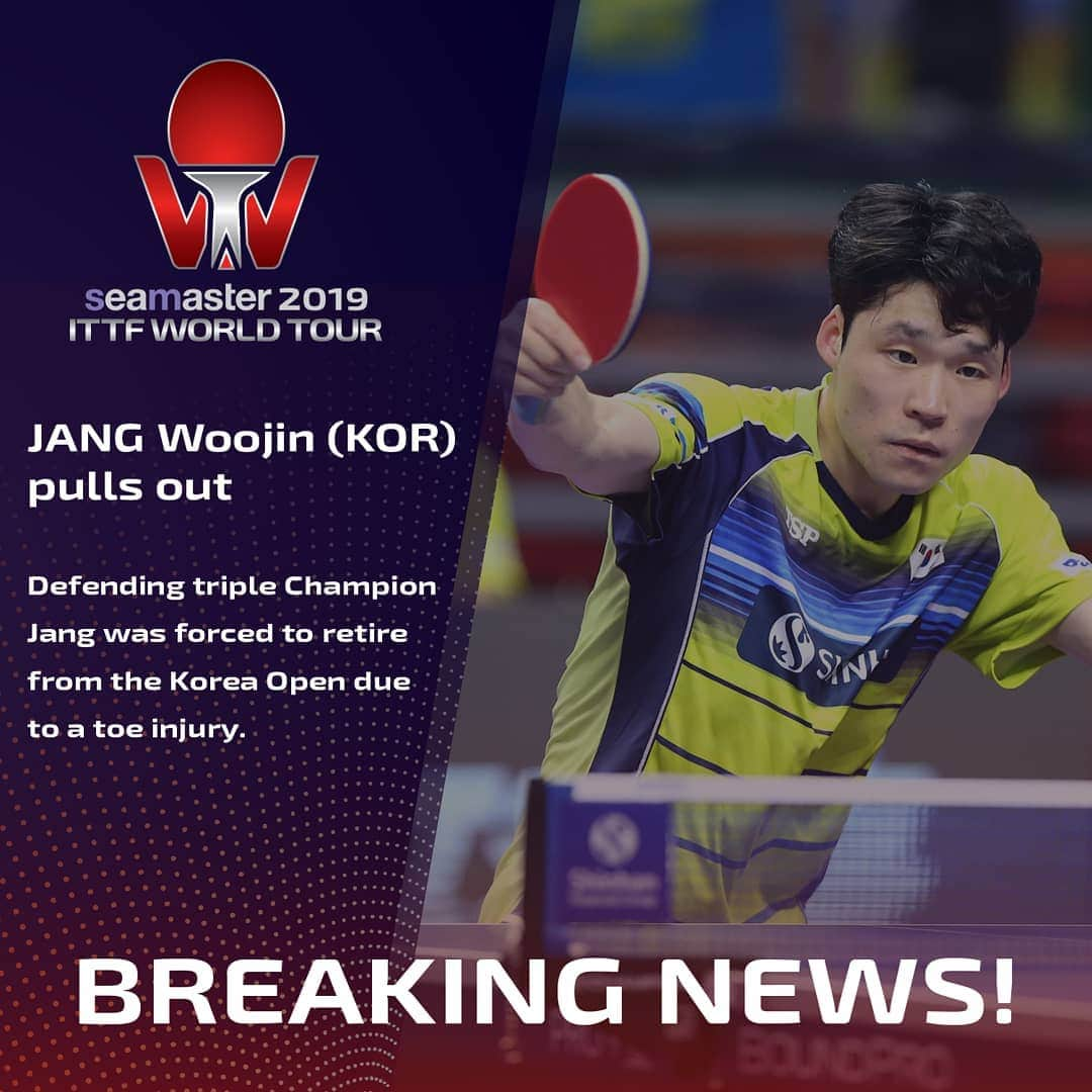 ITTF Worldさんのインスタグラム写真 - (ITTF WorldInstagram)「The title defence is over! 😞  2018 Korea Open Triple Champion ends his title defence after pulling out of the Men's Doubles Semi-finals due to a toe injury. #Getwellsoon 💪🏻 #ITTFWorldTour #2019KoreaOpen 🇰🇷」7月5日 15時57分 - wtt