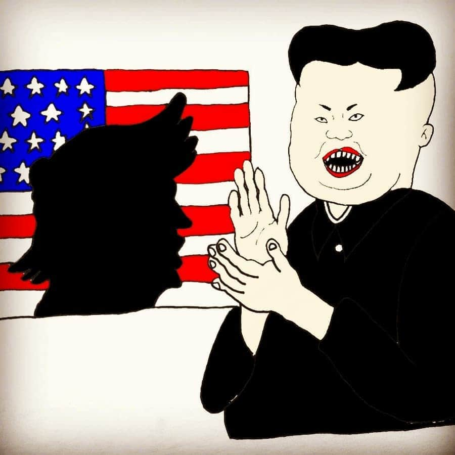 仔羊エルマーさんのインスタグラム写真 - (仔羊エルマーInstagram)「#1 #星条旗　をバックに #影絵　で #トランプ大統領　を作って #遊ぶ #金正恩  #2 #トランプ大統領　の #ヘアスタイル　は #羽　を広げて #飛ぶ #瞬間　の #カブトムシ  #仔羊エルマー #art #shadowpicture #tramp #japanese  #usa  #northkorea  #イラスト #beetle」7月5日 16時41分 - cohitsuji_elmer