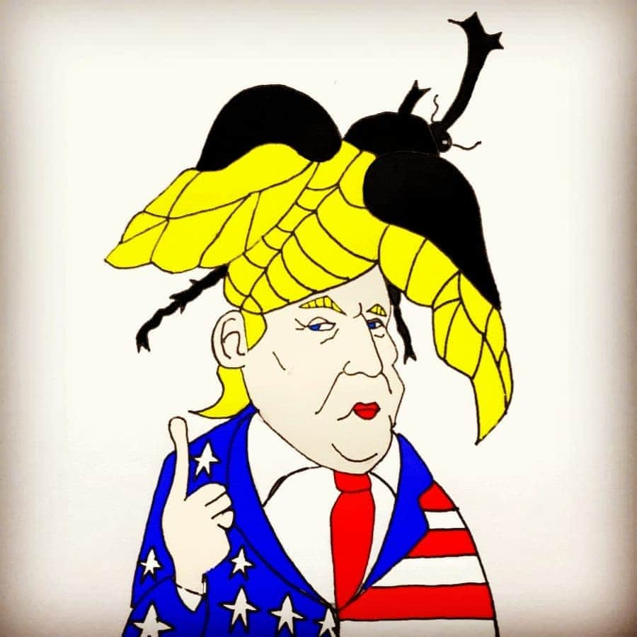 仔羊エルマーさんのインスタグラム写真 - (仔羊エルマーInstagram)「#1 #星条旗　をバックに #影絵　で #トランプ大統領　を作って #遊ぶ #金正恩  #2 #トランプ大統領　の #ヘアスタイル　は #羽　を広げて #飛ぶ #瞬間　の #カブトムシ  #仔羊エルマー #art #shadowpicture #tramp #japanese  #usa  #northkorea  #イラスト #beetle」7月5日 16時41分 - cohitsuji_elmer