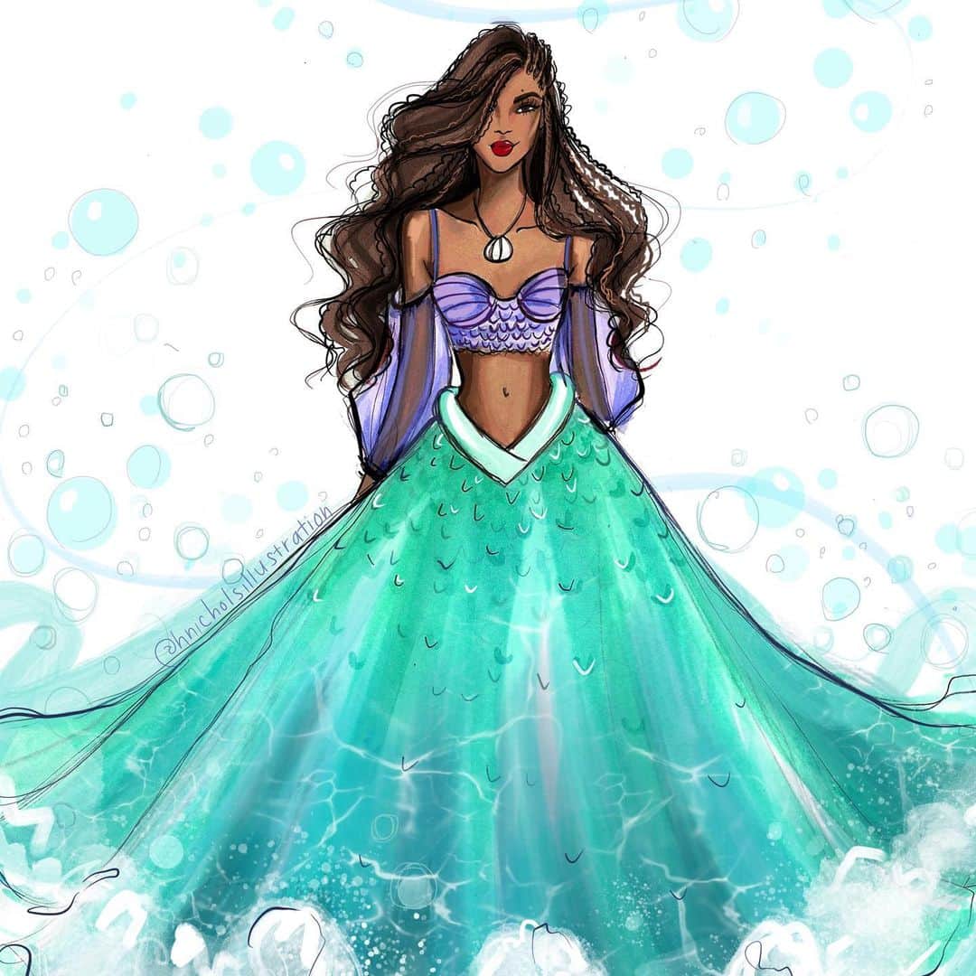 Holly Nicholsさんのインスタグラム写真 - (Holly NicholsInstagram)「🧜🏾‍♀️ 🌊 Procreate x Copic Markers #liveactionlittlemermaid #thelittlemermaid #mermaid #ariel #hallebailey #disney #disneyart #disneystyle #littemermaid #fashionsketch #fashiondrawing #fashionillustration #hnicholsillustration」7月5日 20時32分 - hnicholsillustration
