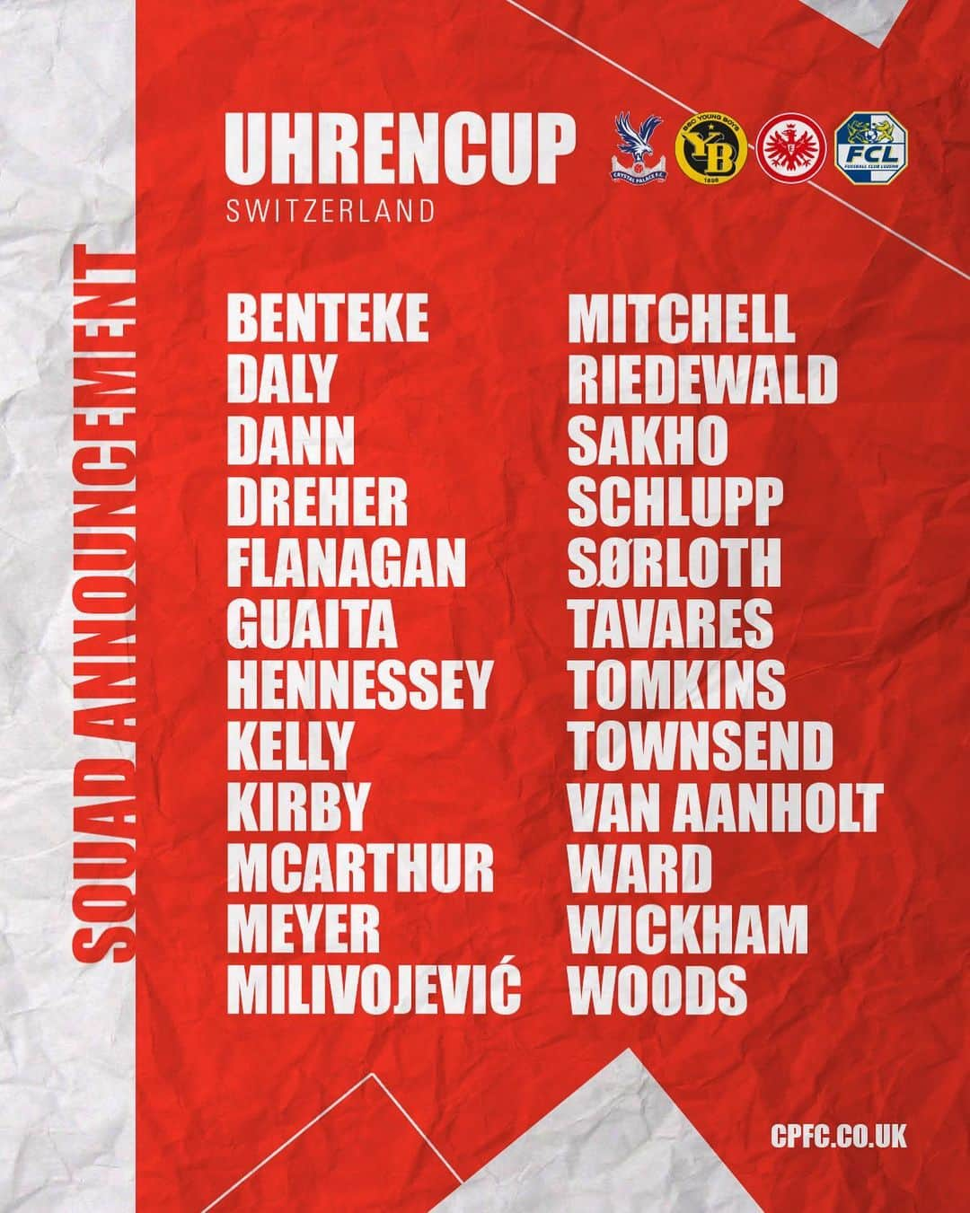 クリスタル・パレスFCさんのインスタグラム写真 - (クリスタル・パレスFCInstagram)「📋 Roy Hodgson has named the squad travelling to Switzerland for the @uhrencup! ⁣⁣⁣⁣⁣⁣⁣⁣⁣⁣⁣ #CPFC #PL #PremierLeague #Preseason #Switzerland」7月6日 1時37分 - cpfc