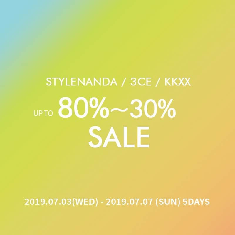 Official STYLENANDAさんのインスタグラム写真 - (Official STYLENANDAInstagram)「#굿모닝 지금 난다에서는 스타일난다/3CE /KKXX  최대 80~30% 세일! (*일부 품목 제외) ❤️ - 기간: ~7월 7일(일)까지 대상: 국내 온/오프라인 매장 및 해외몰 - NANDA SUMMER FESTIVAL!  STYLENANDA/3CE/KKXX SALE 80%~30%!(*excludes some items)  2019/07/03(WED) ~7/7(SUN), FOR 5 DAYS (*korean standard time) [Sales applied] - STYLENANDA domestic and overseas online stores - Domestic offline stores (*excludes DUTY FREE SHOPS, OLIVEYOUNG, CHICOR, BOOTS) - www.stylenanda.com en.stylenanda.com jp.stylenanda.com cn.stylenanda.com tw.stylenanda.com #stylenanda #3ce #nandasummerfestival」7月6日 9時47分 - houseof3ce