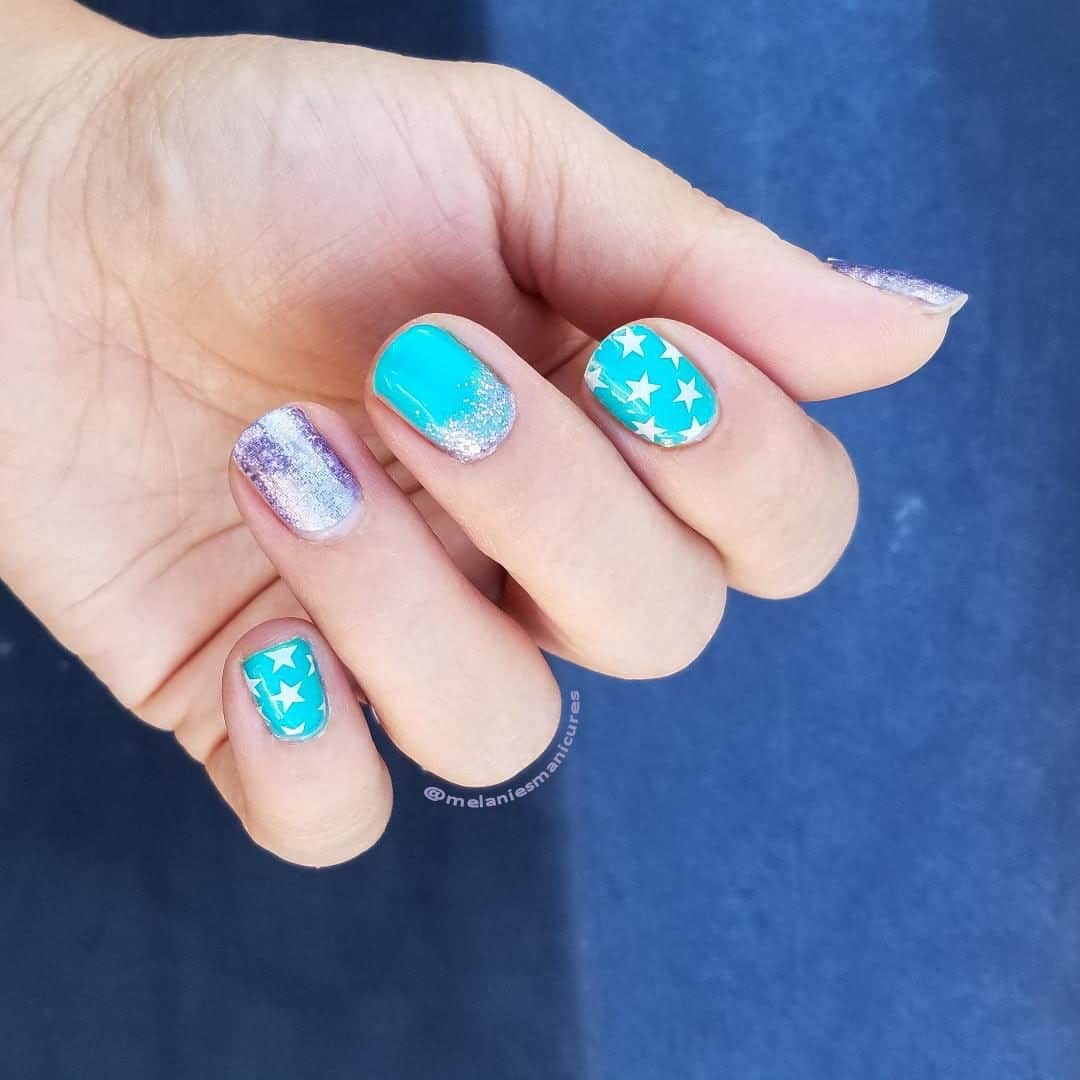のインスタグラム：「Ohhhh check out @Melaniesmanicures 💜 . . Electric Teal, Moondust, Independence, and Rising Star are a beautiful combo! . . #manicurelove #jamberry2019 #jamberryaddict #jamberry #lovewhatido #selfcare #sisterhood #kindnesswins #beneyou #bossbabe #buildingbusiness #prettythings #allnatural #dreambig #repost #creative」