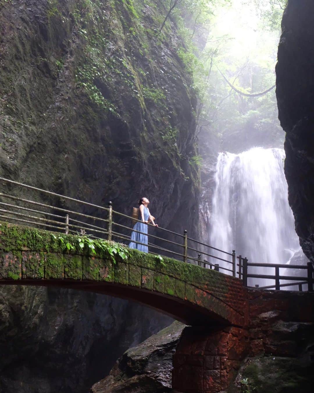 武智志穂さんのインスタグラム写真 - (武智志穂Instagram)「中津渓谷・雨竜の滝へ。﻿ （駐車場から歩いて片道約20分程。）﻿ 連日の雨で水量が増え、物凄い迫力🐉✨﻿ 道を曲がって滝が目に飛び込んできた時には思わず「うわぁ…」と感動の声が。﻿ みんなしばらくの間、畏敬の念を込めて見つめていました。﻿ ﻿ 滝までの道中も、青く澄んだ美しい川や苔むす森でデトックス☺️🌿﻿ 近くには日帰り温泉や旅館もあります♨️﻿ またひとつ高知にお気に入りスポットが増えました！﻿ ﻿ ﻿ #わたしの自慢の田舎 #高知 #志穂sTrip﻿﻿﻿ #中津渓谷 #雨竜の滝 #中津渓谷ゆの森 #仁淀川 #仁淀ブルー」7月6日 14時27分 - shiho_takechi