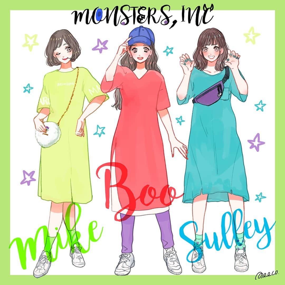 みーこさんのインスタグラム写真 みーこinstagram モンスターズインクのブー サリー マイクイメージの夏コーデ イラスト イラストグラム イラストレーター イラストエッセイ ファッション ファッションコーデ ファッションイラスト ディズニーコーデ