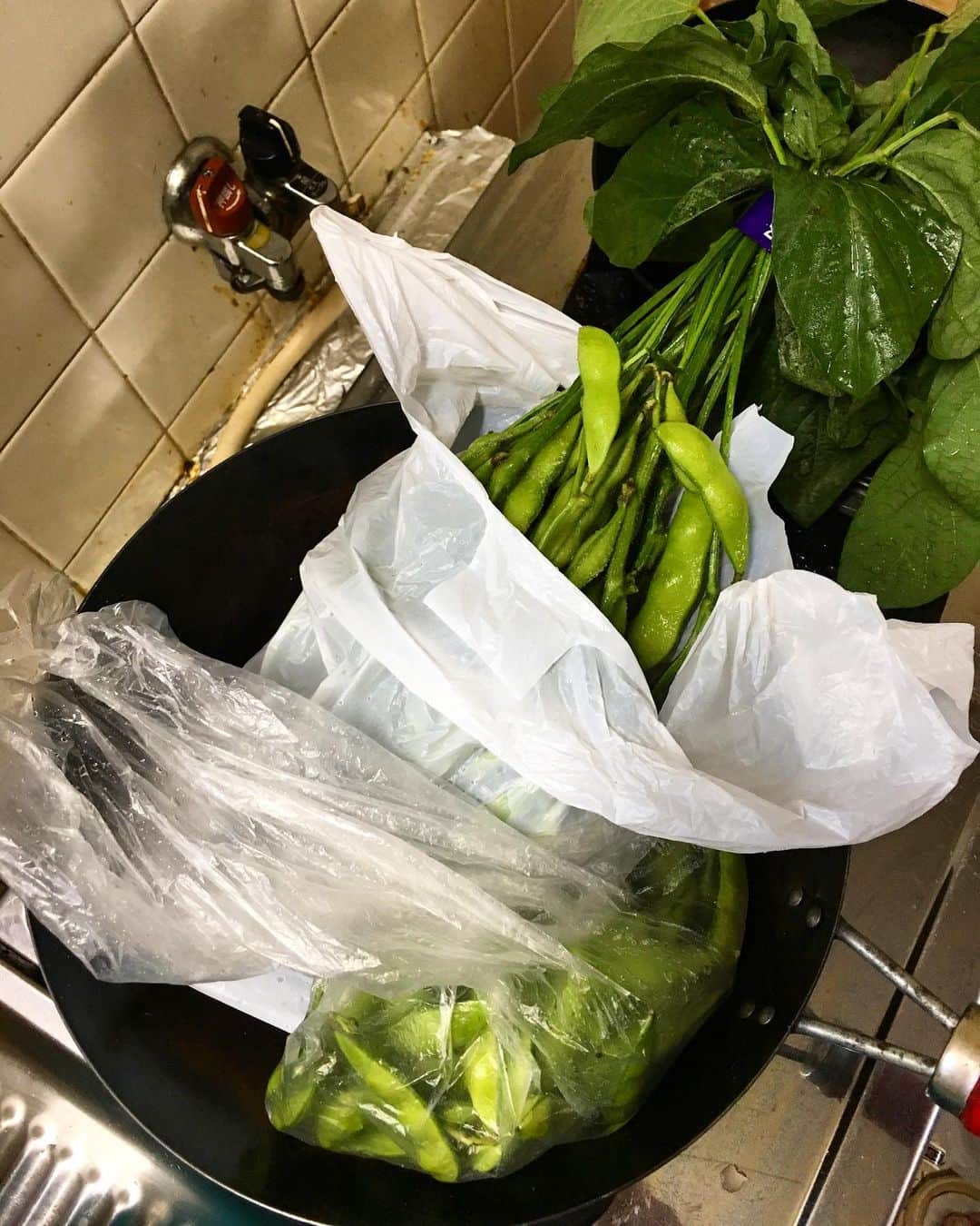 森田繁のインスタグラム：「採れたての枝豆を水洗いして塩でもみ、枝ごと焼き枝豆の支度中。30分待って水気が出てきたら、火にかける。」