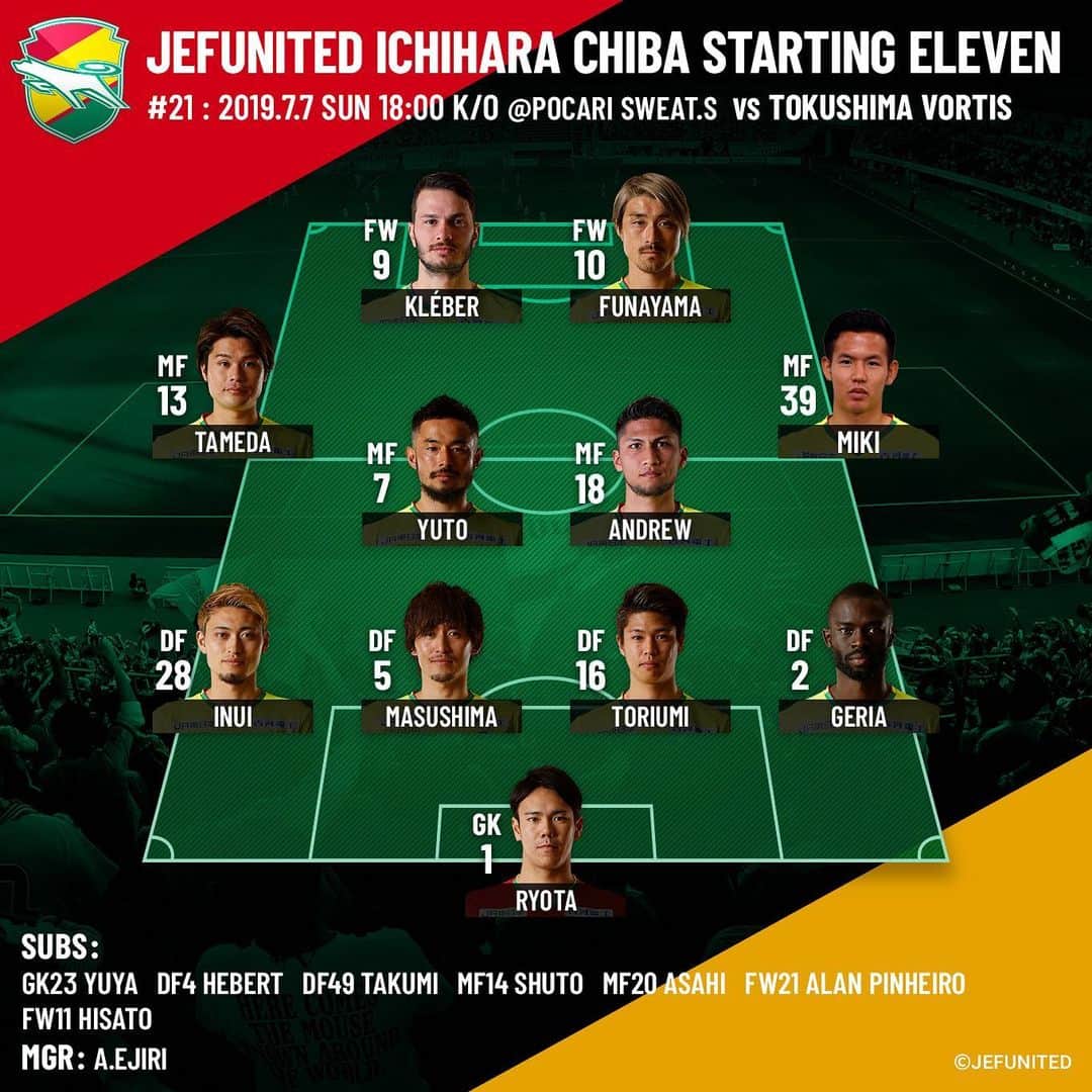 ジェフユナイテッド市原・千葉のインスタグラム：「2019.7.7 SUN 18:00 K/O vs TOKUSHIMA VORTIS JEFUNITED STARTING Ⅺ 見木友哉選手が加入後初スタメンです👍  #jefunited #jef #ジェフ千葉 #明治安田生命J2リーグ #Jリーグ #jleague」