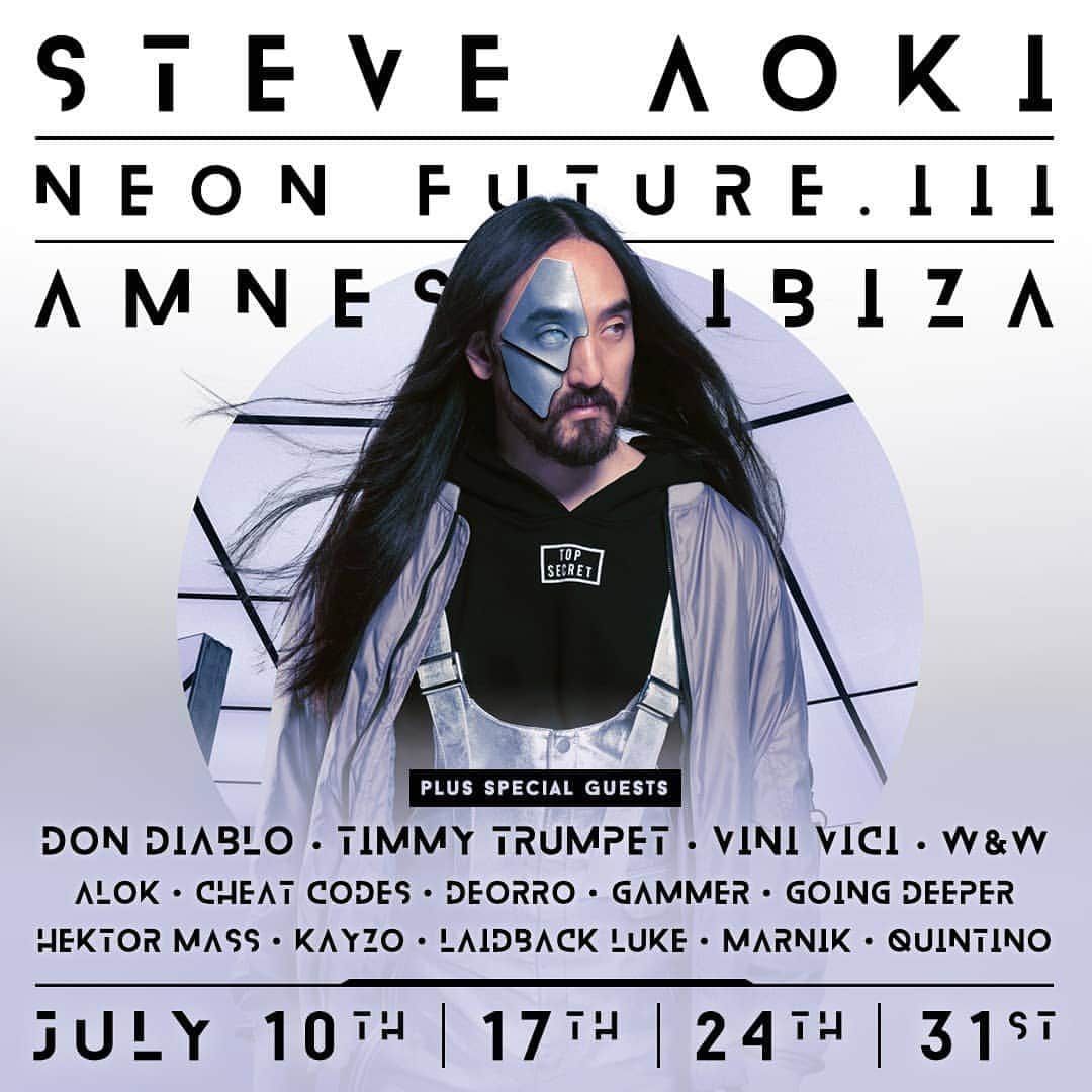 スティーヴ・アオキさんのインスタグラム写真 - (スティーヴ・アオキInstagram)「Ibiza!!!! NEON FUTURE III every Wednesday at @amnesiaibiza w/ a mega mega lineup starting July 10th in three days」7月8日 2時42分 - steveaoki