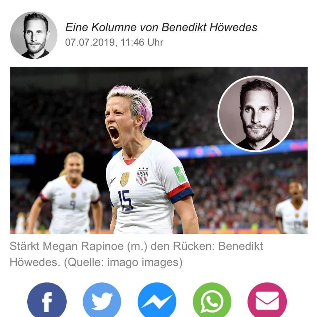 ベネディクト・ヘーヴェデスのインスタグラム：「‪Heute findet das Finale der Frauen-WM statt. Mit dabei @mrapinoe, die im Kampf gegen Ungerechtigkeit, Homophobie und Rassimus an der Seit von @kaepernick7 steht - indem sie sich hinkniet. Hier meine aktuelle Kolumne: https://www.t-online.de/sport/fussball/bundesliga/id_86050254/benedikt-hoewedes-stuetzt-trump-kritikerin-rapinoe-wahre-helden-unserer-zeit.html ‬」