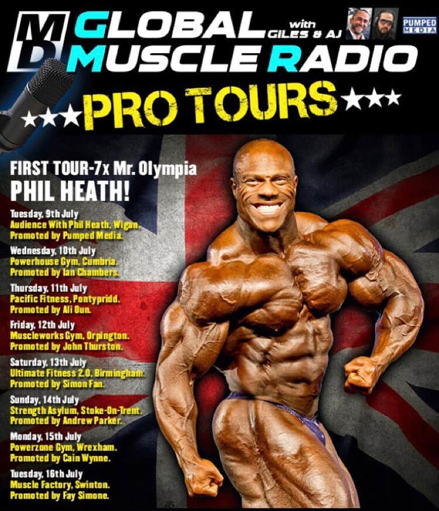 Phil Heathのインスタグラム：「I’m baaaaaaaack!!!! So pumped to be here again in the UK for an incredible tour courtesy of @globalmuscleradio hosts @giles_tiger @aj.kellyrobert and @pumpedmedia. Gonna hit up a ton of locations to engage with fans like never before and I cannot wait!!!! See you soon!!!! #philheath #philheathUKTour2019 #7xMrOlympia」