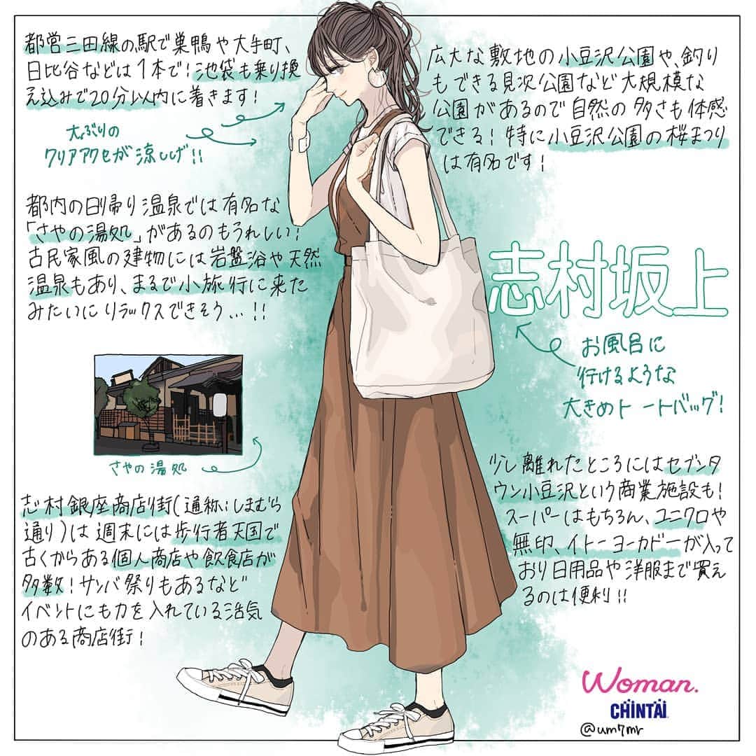 Woman.CHINTAIさんのインスタグラム写真 - (Woman.CHINTAIInstagram)「#志村坂上駅 （#Shimurasakaue  station in #Tokyo ） ・ 都内でも有名な温泉施設も近く、公園やショッピング施設もある過ごしやすい街！ そんな志村坂上駅は女性に例えると、カジュアルな雰囲気の中にも涼し気なアイテムがキュートな女性🙋💚 ・ ・ @woman.chintai では志村坂上駅周辺のお部屋も診断形式であなたにあったお部屋がわかっちゃう😘🏡 「Woman.CHINTAI」もしくは、「ウーマンチンタイ」で検索🔍 プロフィールのURLからもすぐに理想のお部屋が探せちゃいます✨ ・ Illustrated by @um7mr ・ ・ #WomanCHINTAI#部屋探し#CHINTAI #女性にオススメ #擬人化 #賃貸 #街 #1人暮らし #おしゃれ#女子#ファッションイラスト#fashionillutration#tokyofashion#ootd#ファッション#コーデ#今日のコーデ」7月8日 20時08分 - woman.chintai