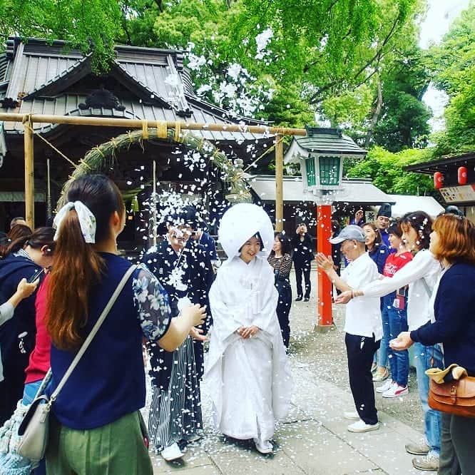 晴レの日｜HARENOHIのインスタグラム：「東京 田無神社では、挙式後のお二人を『きりぬさ』というペーパーシャワーでお見送りします。一般参拝の方も祝福して下さりとっても感動的場面でした✨ #晴レの日#結婚式#神社婚 #ウェディング#和婚 #和婚花嫁 #白無垢#田無神社#東京の神社#お急ぎ婚 #祝福 #ペーパーシャワー #神前式 #素敵な神社 #婚礼」