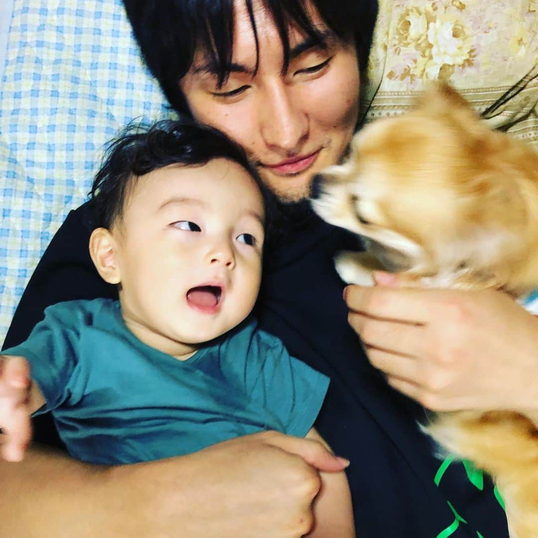 岡田優介さんのインスタグラム写真 - (岡田優介Instagram)「久々に会えて嬉しい  #実家に帰省中の🐶👶 #父はもう少しの間リハビリ頑張ります #歯が生えた #撮るのむずい #50枚くらい撮ったうちの1枚」7月9日 0時35分 - ysk_okada