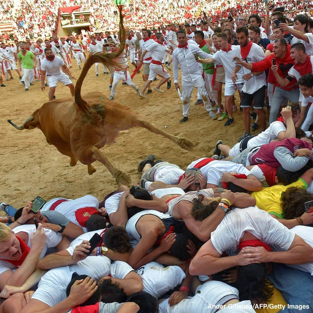 ABC Newsさんのインスタグラム写真 - (ABC NewsInstagram)「Stunning photos as a heifer bull jumps over participants in the bullring after the second bullrun of the San Fermin festival in Pamplona, Spain. #spain #bulls #bullrun #pamplona」7月9日 4時32分 - abcnews