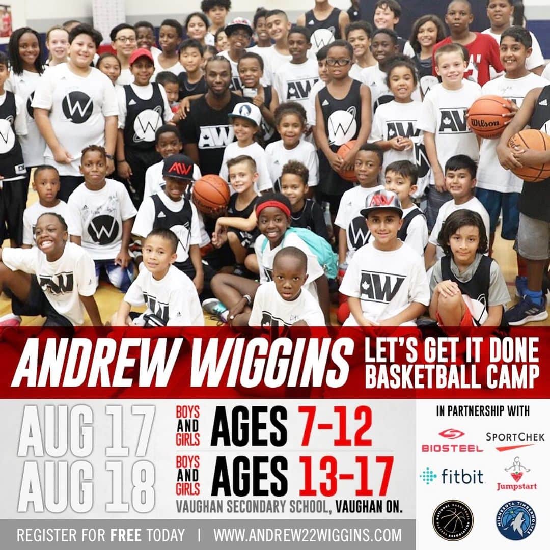 アンドリュー・ウィギンスのインスタグラム：「Proud to announce the second annual “Let’s Get It Done” Basketball Camp is coming back in Canada🇨🇦. This camp is completely FREE, so come out and let’s work!  Sign up on www.andrew22wiggins.com/camp to secure a spot !」