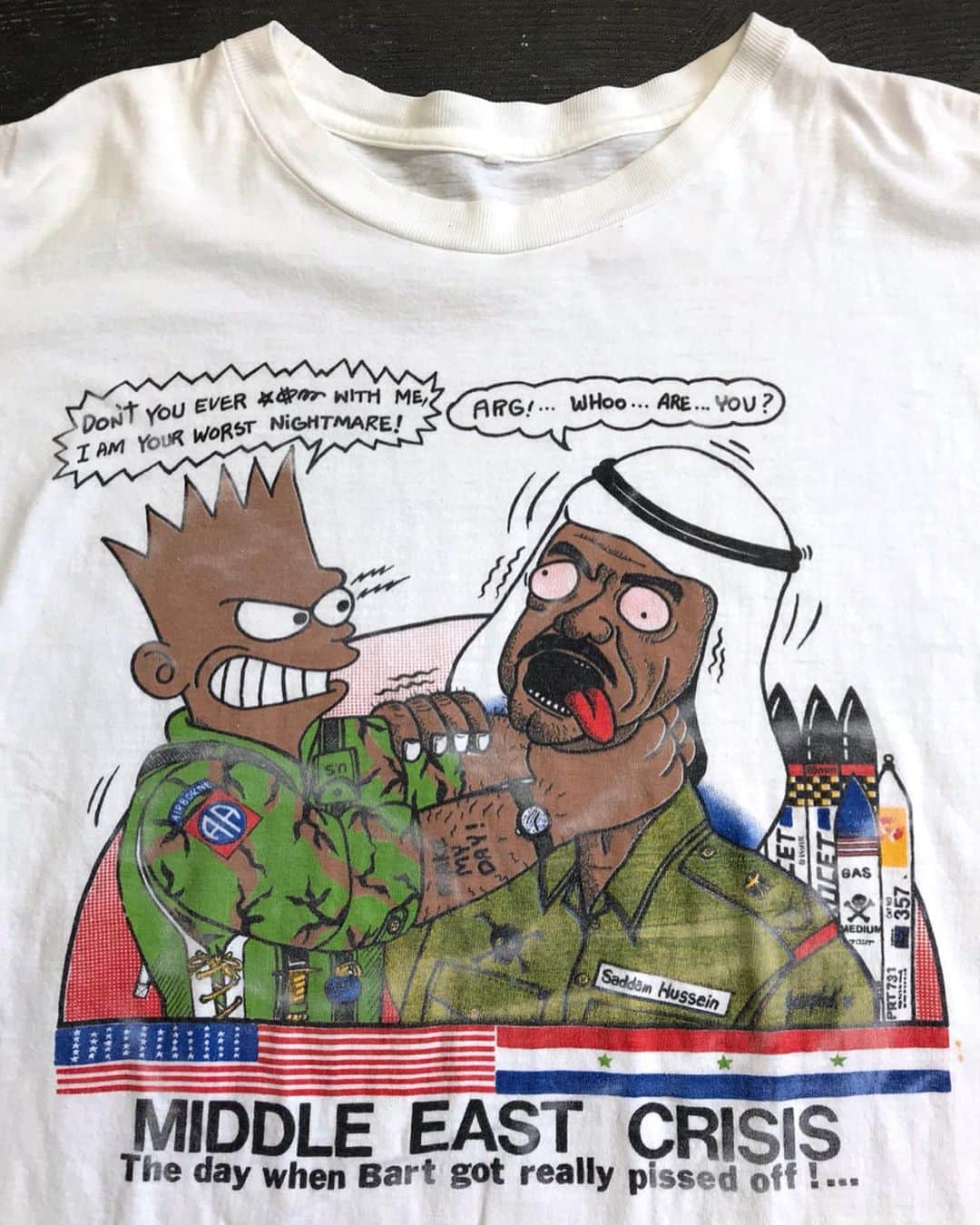 のインスタグラム：「［ #jammru_tee ］ 90's Bootleg Bart vs Hussein. . WEB SHOPにも入荷しています。 jammru.com 是非ご覧下さい。 . . #jammru #fashion  #streetstyle #streetfashion  #vtg  #vintage  #used  #usedclothing #70s #80s #90s #古着 #古着屋 #ファッション #vintagetshirt #vintageshirt #tshirt #tee #vintagetee #bootlegbart」
