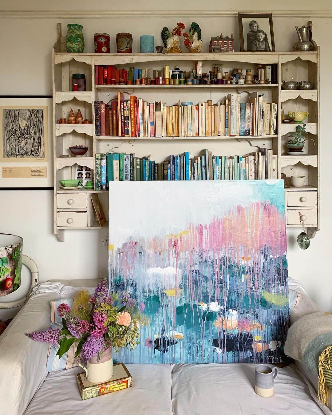 Tea and sittingのインスタグラム：「✨💗🌿 This is one of the paintings ‘Morning Paddle’ currently in my SUMMER SALE...it was inspired by the multi sensory meeting of sea, sky and paddling on the beach in The Isles of Scilly last Summer. ‘Morning Paddle’ is Acrylic in canvas, measures 90cm x 90cm and was £1500 but is now £1200 in my #5ftinfsummersale . Yesterday I put lots of things up in my Stories ( that’s basically where the sale is happening this week ) and although some things have already gone, there’s plenty more I’ll be offering over the next few days. ...and I ship worldwide 💗✨ #5ftinfsummersale #artby5ftinf」