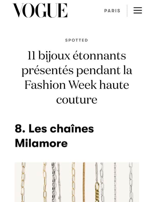 稲木ジョージのインスタグラム：「I can’t read French but apparently @vogueparis thinks @milamorejewelry duo chain is cool so that’s cool😭⛓ 仏VOGUEに、ミラモアのデュオチェーンがオートクチュールウィークで最もイケてるブランドとしてリストアップしてくれまひた😭😭😭気を引き締めて気合いを入れてくござるー😭🔥🔥」