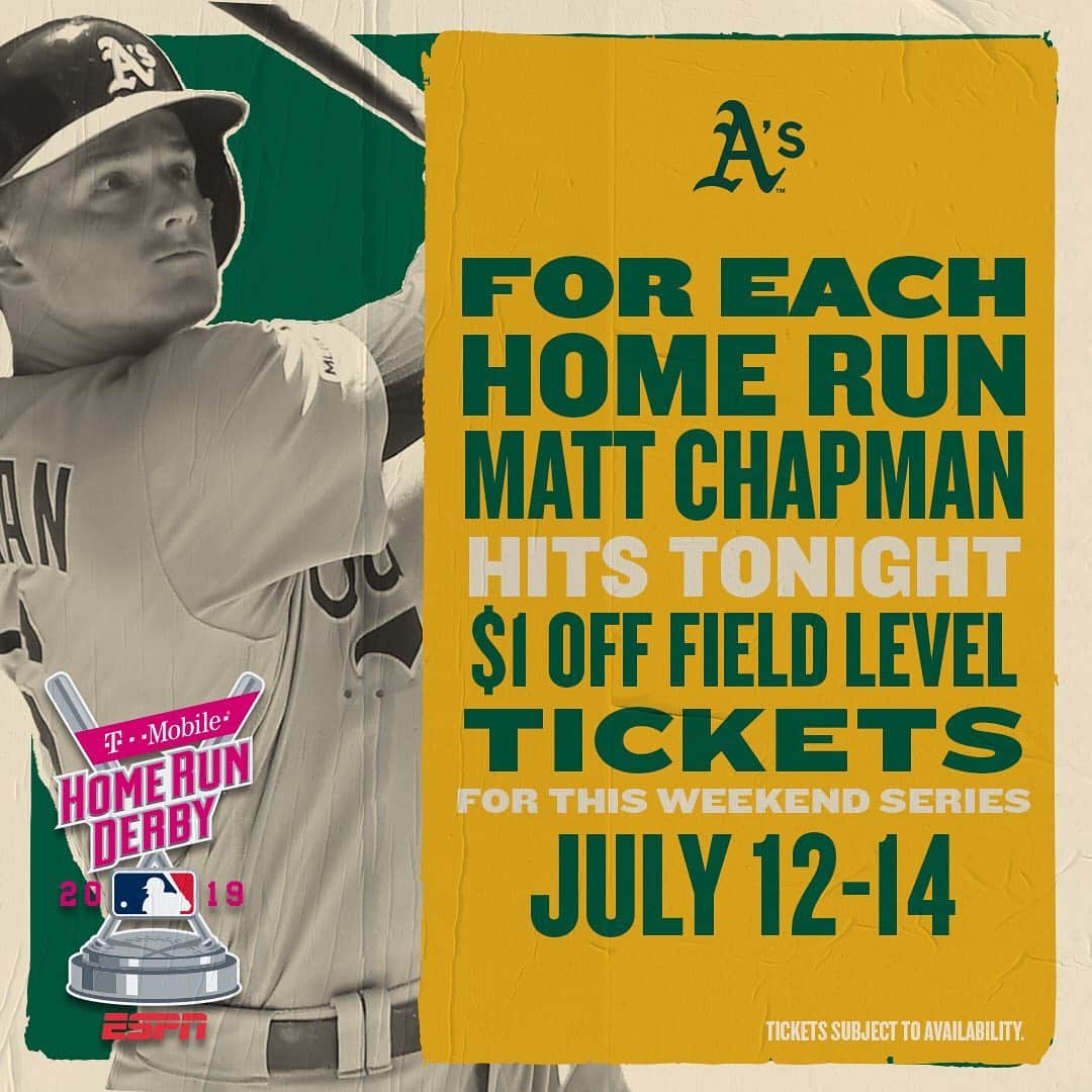 オークランド・アスレチックスさんのインスタグラム写真 - (オークランド・アスレチックスInstagram)「Matt Chapman's on the launching pad at 5pm! For extra excitement, each home run that Chapman hits knocks $1 off Field Level tickets for the weekend series July 12-14. Details at the link in our bio.」7月9日 7時46分 - athletics