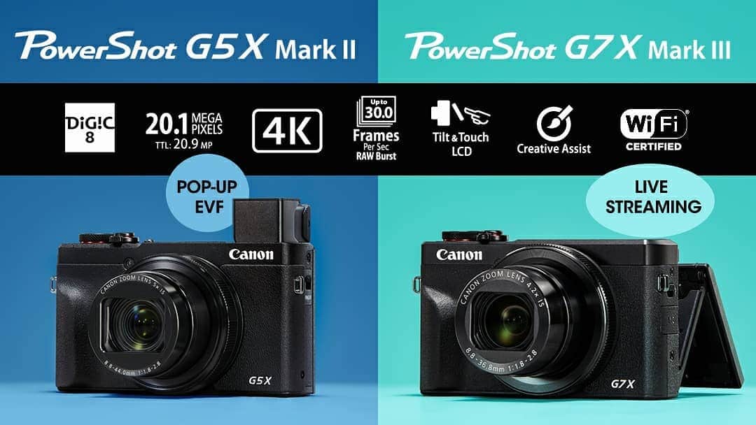 Canon Asiaのインスタグラム：「Point and shoot effortlessly in 4K without crop. Canon brings you the new and upgraded 𝗣𝗼𝘄𝗲𝗿𝗦𝗵𝗼𝘁 𝗚𝟱 𝗫 𝗠𝗮𝗿𝗸 𝗜𝗜 and 𝗣𝗼𝘄𝗲𝗿𝗦𝗵𝗼𝘁 𝗚𝟳 𝗫 𝗠𝗮𝗿𝗸 𝗜𝗜𝗜, engineered to give you quicker supercharged performance powered by the latest DIGIC 8 processor and new 1.0-type stacked CMOS sensor. . 📸 The PowerShot G5 X Mark II comes with a handy pop-up EVF so you can frame your pictures better, while still retaining a light compact body that you can slip easily into your pocket. . 🎬 YouTubers and vloggers will relish the new live streaming service found in the PowerShot G7 X Mark III that lets you stream movies shot on your camera immediately to YouTube over Wi-Fi. For comfortable one-handed operation during filming, mount your PowerShot on the new 360°-rotatable Canon Tripod Grip HG100-TBR for added stability and flexibility. . 🏃 Hop over to the link in our bio to learn more about each camera!」