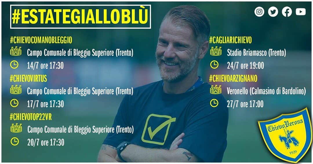 ACキエーヴォ・ヴェローナさんのインスタグラム写真 - (ACキエーヴォ・ヴェローナInstagram)「🗓⚽️ Tutte le nostre amichevoli nel mese di luglio! 💛💙 All our friendly matches in july! #chievo #chievoverona #together #friendly #match #football #ritiroestivo #termedicomano」7月10日 0時23分 - acchievoverona