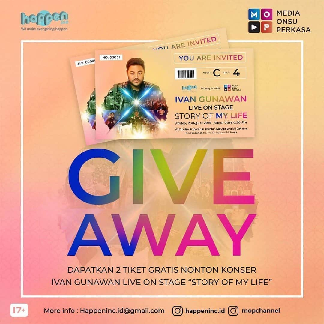 Ivan Gunawanさんのインスタグラム写真 - (Ivan GunawanInstagram)「Posted @withrepost • @happeninc.id #GIVE AWAY  Dapatkan 2 tiket gratis nonton Ivan Gunawan Live On Stage "Story Of My Life" dengan cara repost postingan ini ke feed IG kamu dan ajak 5 temen kamu untuk ikutan #GIVEAWAY, berikan caption yang menarik kenapa kami harus memilih kamu untuk menjadi pemenangnya. Jangan lupa Tag dan harus Follow IG @happeninc.id & @mopchannel berikan hashtag #GIVEAWAYIGUN #mediaonsuperkasa #happeninc ya. Yuk cusss buat sebanyak banyaknya.. *Periode give away 8 - 23 juli 2019  #Giveaway #Ivangunawanliveonstage #Storyofmylife」7月9日 17時01分 - ivan_gunawan