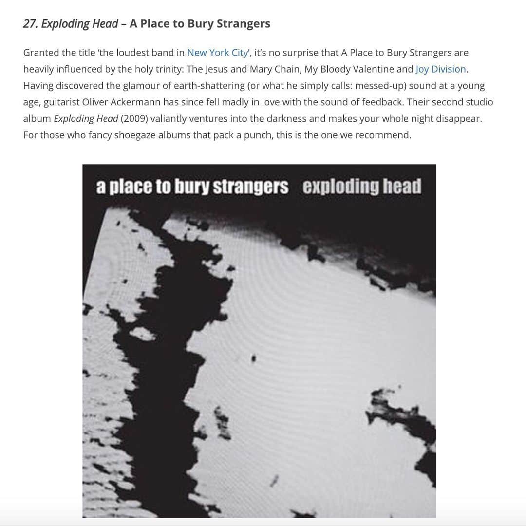 A Place to Bury Strangersのインスタグラム：「Thanks to @faroutmagazine for including Exploding Head in their top 50 shoegaze albums of all time.  So great to see our friends @ringodeathstarrofficial & @tamrynmusic & @themegaphonicthrist as well along with legends @slowdiveofficial & @rideox4official & @theofficialmbv & #medicineband  https://faroutmagazine.co.uk/the-50-best-shoegaze-albums-of-all-time/  #shoegaze #faroutmagazine #ride #slowdive #mybloodyvalentine #tamryn #ringodeathstarr #themegaphonicthrift #medicineband」