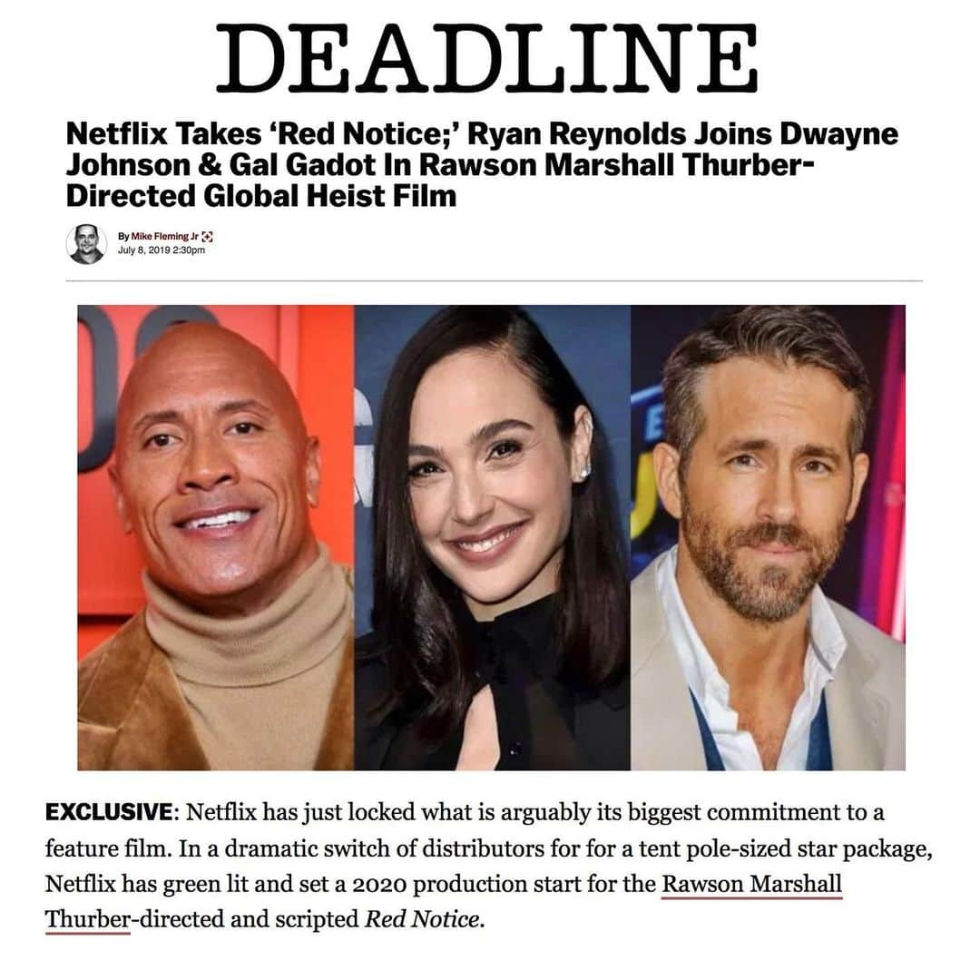 ドウェイン・ジョンソンさんのインスタグラム写真 - (ドウェイン・ジョンソンInstagram)「This is big & exciting.  Being @netflix‘s largest commitment ever to a feature film, I want to personally thank our partners Ted Sarandos, Scott Stuber & the entire Netflix team for seeing the strong market value in @rawsonthurber’s original concept/IP franchise builder #RedNotice with myself and my partners-in-heists @gal_gadot & @vancityreynolds.  In our ever changing landscape with how movies are made, distributed and consumed by audiences, the goal was to create a true global event movie watched & enjoyed by the world - in the comfort of their own homes.  At @SevenBucksProd’s we don’t just want to play in the game - we want to change the way the game is played.  And when that happens, the audience always WINS.  We’re all excited to make this one.  Shooting begins this JANUARY.  Rome  Germany Spain Russia France Indonesia #RedNotice🌎  #NETFLIX  #AudienceFirst」7月10日 2時19分 - therock