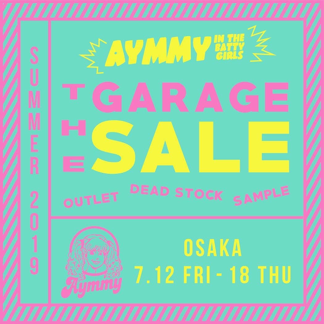 Aymmy in the batty girlsのインスタグラム：「Aymmy in the batty girls﻿ the GARAGE SALE﻿﻿﻿ OUTLET & SAMPLE﻿ in 大阪﻿ ﻿﻿ 7/12（金）〜7/18（木）の期間﻿﻿ 大阪にてAymmy in the batty girlsの﻿﻿ GARAGE SALEを開催✨﻿﻿ アーカイブのアウトレットアイテムやサンプルなどを﻿﻿﻿ スペシャルプライスで販売いたします。﻿﻿﻿ ﻿﻿ ぜひ、この機会にお越しくください❣️﻿﻿ ﻿﻿ ●期間：2019年 7/12（金）〜7/18（木） ●場所：〒542-0086 大阪府大阪市中央区西心斎橋2丁目11-30 ブルータスビル1F﻿﻿ ﻿﻿﻿ ※アウトレット品、サンプル品の返品・交換はお断りいたします。﻿﻿﻿ ※サンプル品は雑誌等へのリースにも使用しているため、多少の汚れやほつれ等がある場合がござます。﻿ また、ブランドタグや洗濯表示が付いていないものもありますので、予めご了承ください。﻿﻿ ﻿﻿ #aymmy#aymmyinthebattygirls#sale#outlet」