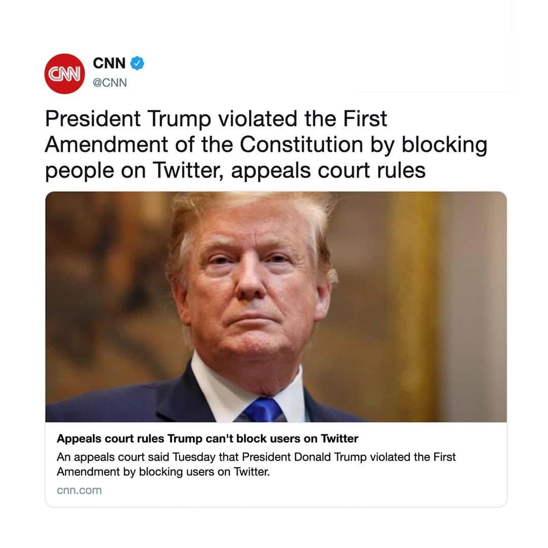 CNNさんのインスタグラム写真 - (CNNInstagram)「An appeals court upheld a judge’s ruling that President Trump violates the Constitution when he blocks critics on Twitter. Because Trump uses Twitter for official communications with the public, it is unconstitutional to exclude someone on the basis of that person disagreeing with him, the judges said. Tuesday’s ruling upheld a lower court’s ruling last year. “No government official — including the President — is above the law, and all government officials are presumed to follow the law as has been declared,” Judge Naomi Buchwald wrote in the earlier ruling.」7月10日 6時20分 - cnn