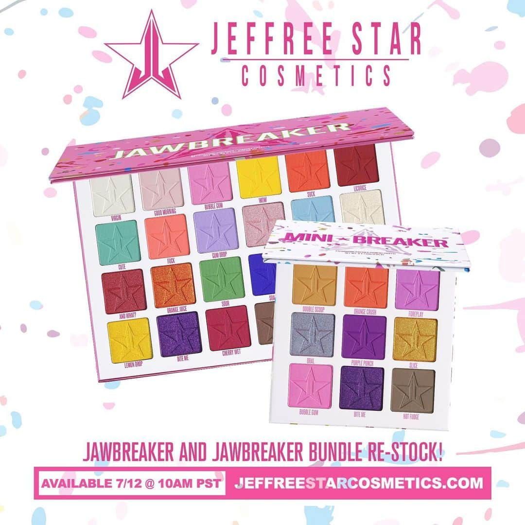 Jeffree Star Cosmeticsさんのインスタグラム写真 - (Jeffree Star CosmeticsInstagram)「HI RESTOCK, HOW ARE YA? 👅🍭 This FRIDAY the #Jawbreaker palette is BACK!! And of course, the iconic bundle 💅🏻 Mark the calendar! Don’t be late... ⭐️ PS. Swipe and see new JSC #metalstraw colors that are launching too!! 🍭 #jeffreestarcosmetics」7月10日 8時59分 - jeffreestarcosmetics