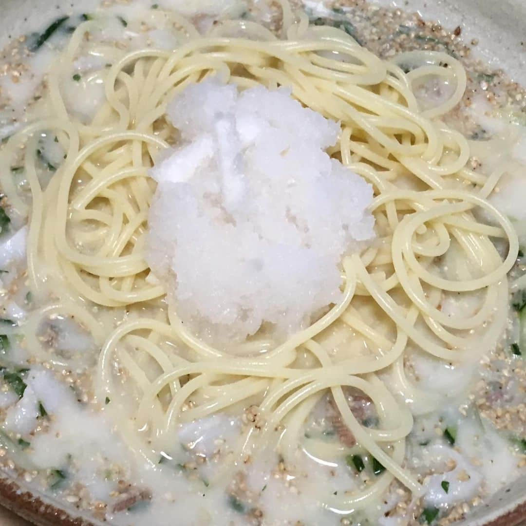 柳家さん生さんのインスタグラム写真 - (柳家さん生Instagram)「7/10晩ご飯だぁ〜 おろし冷汁パスタ🍝 #さん生 #冷汁 #パスタ #大根おろし」7月10日 19時11分 - waraiguma1957