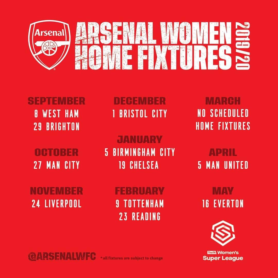 Arsenal Ladiesさんのインスタグラム写真 - (Arsenal LadiesInstagram)「Our home fixtures for the 2019/20 @FAWSL season 🗓 Who’s excited? 😏 #Arsenal」7月10日 19時52分 - arsenalwfc