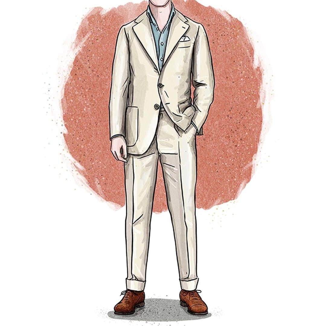 のインスタグラム：「How to Style Summer Suits with Shoes, Part One - Our continental correspondent shares some wisdom on the art of pairing lightweight tailoring with elegant English shoes. . Swipe up in our story to read the article. . #crockettandjones #madetobeworn #guestwriting #summer #suits #summerstyle」