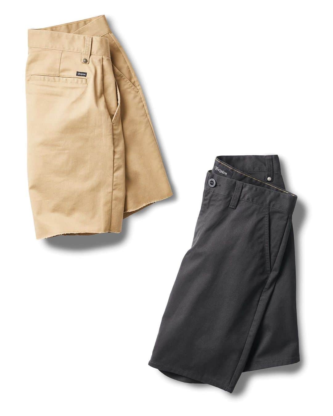 のインスタグラム：「Our classic Toil shorts, available in both clean sewn and frayed leg hems.  Standard fit, straight leg twill walk shorts with 1% stretch that sit right at the knee. #brixton #brxtn」