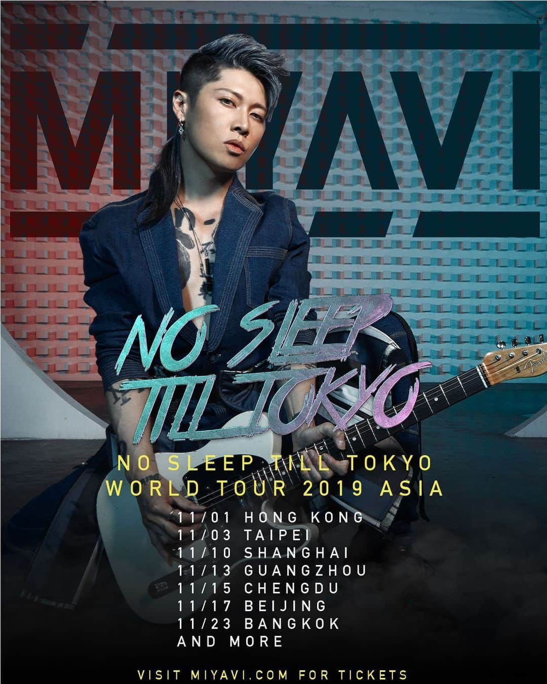 MIYAVI（石原貴雅）さんのインスタグラム写真 - (MIYAVI（石原貴雅）Instagram)「@miyavi_ishihara “NO SLEEP TILL TOKYO”World Tour 2019 アジア日程発表!! MIYAVI “NO SLEEP TILL TOKYO”World Tour 2019 ASIA Dates Announced!! ． 【リリース情報】 MIYAVI NEW ALBUM 💿 NO SLEEP TILL TOKYO 7.24 Release!! . 【ライブ情報】 MIYAVI North America Tour 2019 “NO SLEEP TILL TOKYO” . 7/25 - Vancouver | Vogue 7/26 - Seattle | Neptune’s 7/27 - Portland | Crystal Ballroom 7/29 - San Francisco | Slim’s 7/30 - Santa Ana | Observatory 8/03 - Tucson | El Rialto Theatre 8/05 - Dallas | Trees 8/06 - Houston | Scout Bar 8/07 - Austin | Come and Take It Live 8/09 - Mexico City | Sala Puebla 8/11 - San Antonio | Vibes Event Center 8/13 - Chicago | House of Blues 8/15 - Detroit | El Club  8/16 - Toronto | Queen Elizabeth Theatre 8/17 - Montreal | Otakuthon Festival 8/19 - New York | Sony Music Hall  8/20 - Philadelphia | Theatre of Living Arts 8/22 - Washington D.C. | The State Theatre 8/24 - Atlanta | The Masquerade ． ．  MIYAVI “NO SLEEP TILL TOKYO” World Tour 2019 . October: EUROPE November: ASIA December: JAPAN ． MYV CREW Exclusive MIYAVI Birthday Live 2019 ． 9月15日(日) 恵比寿 LIQUIDROOM ． JAPANツアーのチケット先行に間に合う！！ MIYAVI ファンクラブ ”MYV CREW” 2019年度会員受付中！！ MIYAVI Fan Club“MYV CREW”2019 Membership Admission and Renewal Information . ご入会方法はこちら⬇︎ http://myv382tokyo.com/myvcrew/about.html . . #MIYAVI #NoSleepTillTokyo #NSTT #UnderTheSameSky #DAOKO #千客万来 #SenkyakuBanrai #Diner #ninagawamika #蜷川実花 #MYVCREW #NorthAmerica #USA #CANADA #MEXICO #EUROPE #ASIA #JAPAN #live」7月10日 12時06分 - miyavi_staff