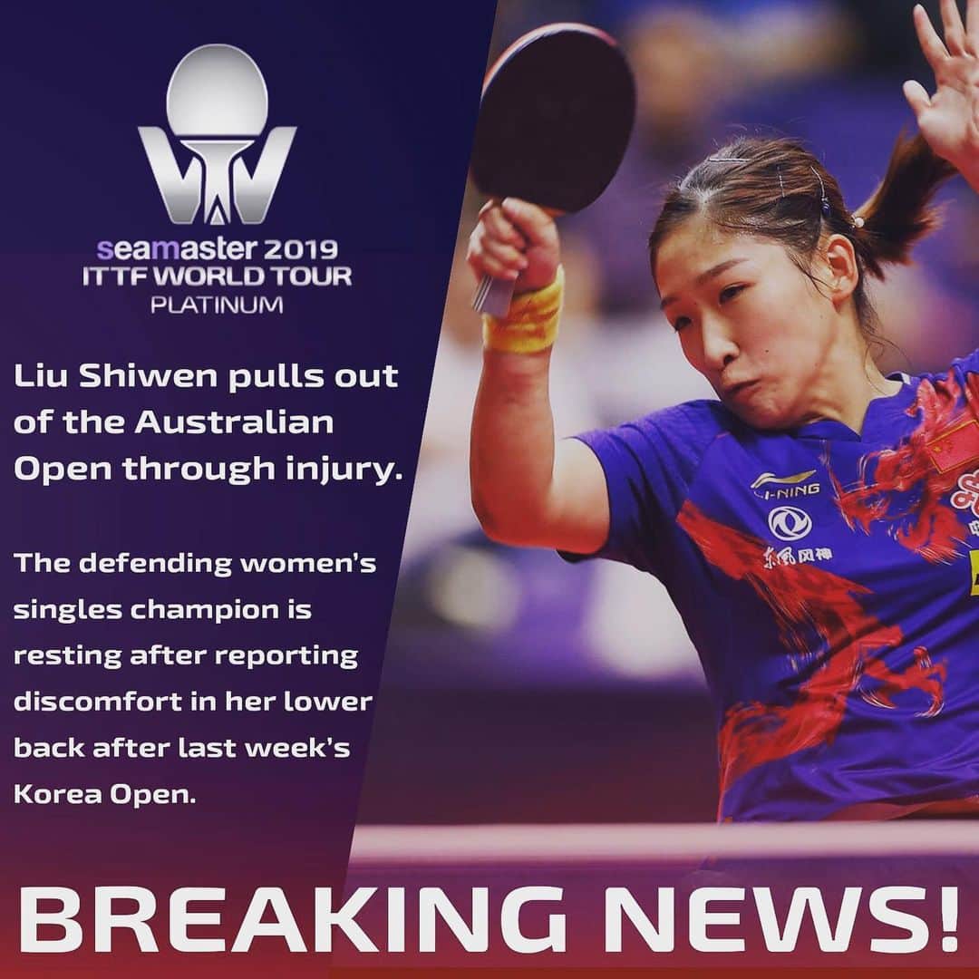 ITTF Worldさんのインスタグラム写真 - (ITTF WorldInstagram)「BREAKING: Liu Shiwen won't be taking part at the #ITTFWorldTour #2019AussieOpen 😔」7月10日 15時32分 - wtt