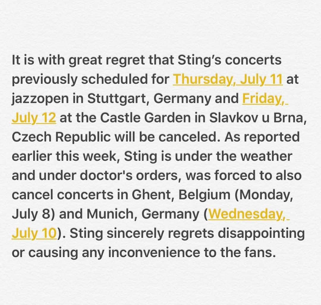 スティングさんのインスタグラム写真 - (スティングInstagram)「Ticket refund information can be found at Sting.com.」7月10日 17時02分 - theofficialsting