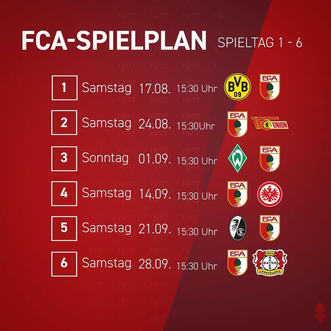 FCアウクスブルクさんのインスタグラム写真 - (FCアウクスブルクInstagram)「Die #DFL hat die ersten 6️⃣ Spieltage zeitgenau angesetzt! 🙌 #FCA #FCA1907 #fcaugsburg」7月10日 18時03分 - fcaugsburg1907