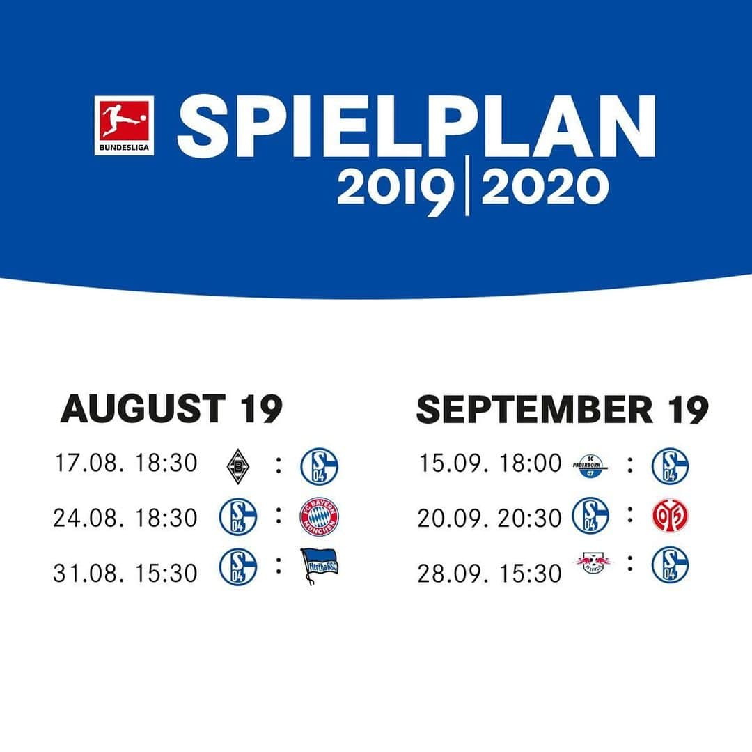 シャルケ04さんのインスタグラム写真 - (シャルケ04Instagram)「Dann holt mal eure Kalender raus, Knappen! 🗓🔵⚪️ Die @bundesliga_en-Spieltage 1-6 💪🏼 . . Save the dates, Royal Blues! Our first six Bundesliga matchdays have been scheduled 🔵🙌🏼⚪️ . . #S04 #Knappen #Königsblau #🔵⚪️ #Kalender #Spielplan #Bundesliga #Planung #Heim #Auswärts #Home #Away #Friday #Sunday #Saturday #Futbol #Football #Soccer」7月10日 18時07分 - s04