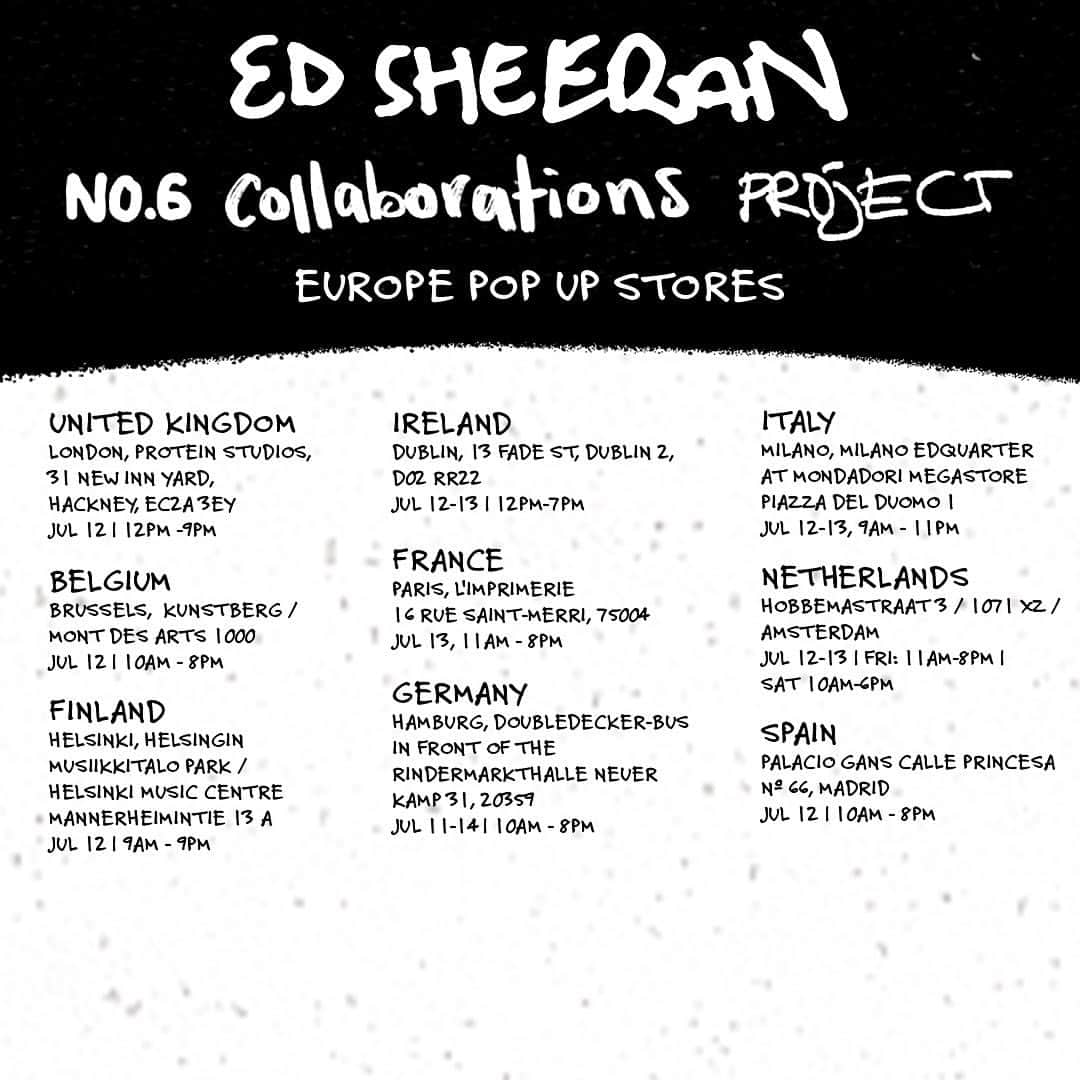 エド・シーランさんのインスタグラム写真 - (エド・シーランInstagram)「Pop up stores have just been added in the US today for #no6collaborationsproject. Swipe left to see the locations for all the stores around the world. All info at edsheeran.com/popups」7月10日 21時01分 - teddysphotos